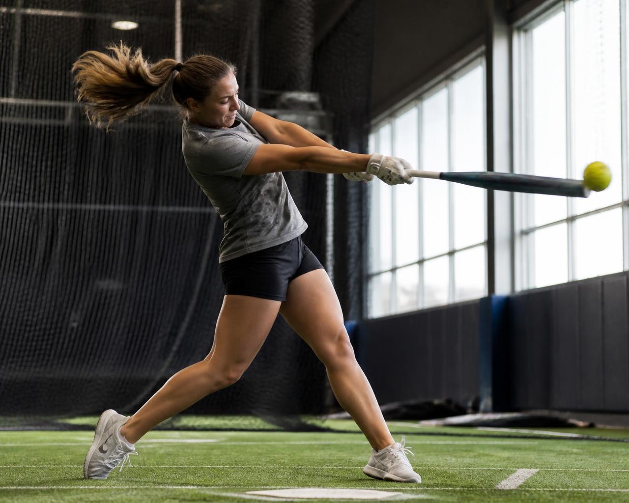 Softball player taking swings inside an indoor cage